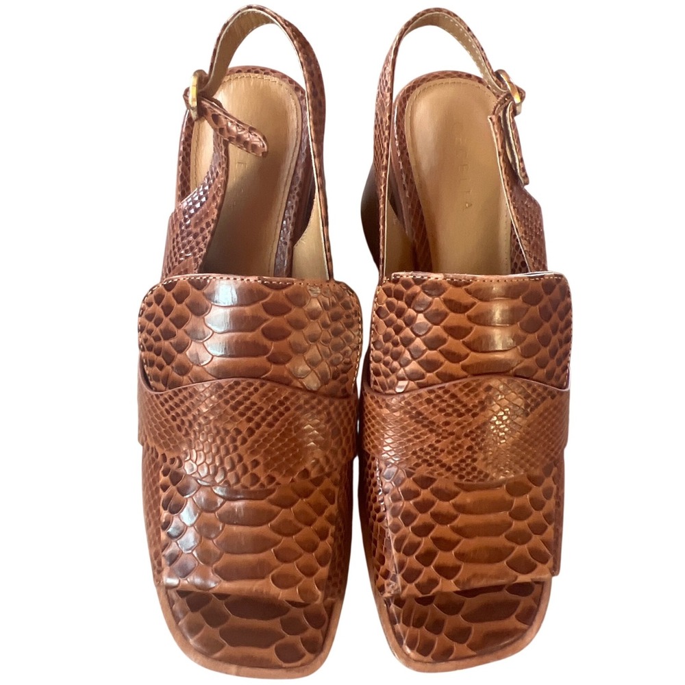 Cecelia New York Women Cognac Brown Snakeskin Embossed Square Toe Block Heels 8M